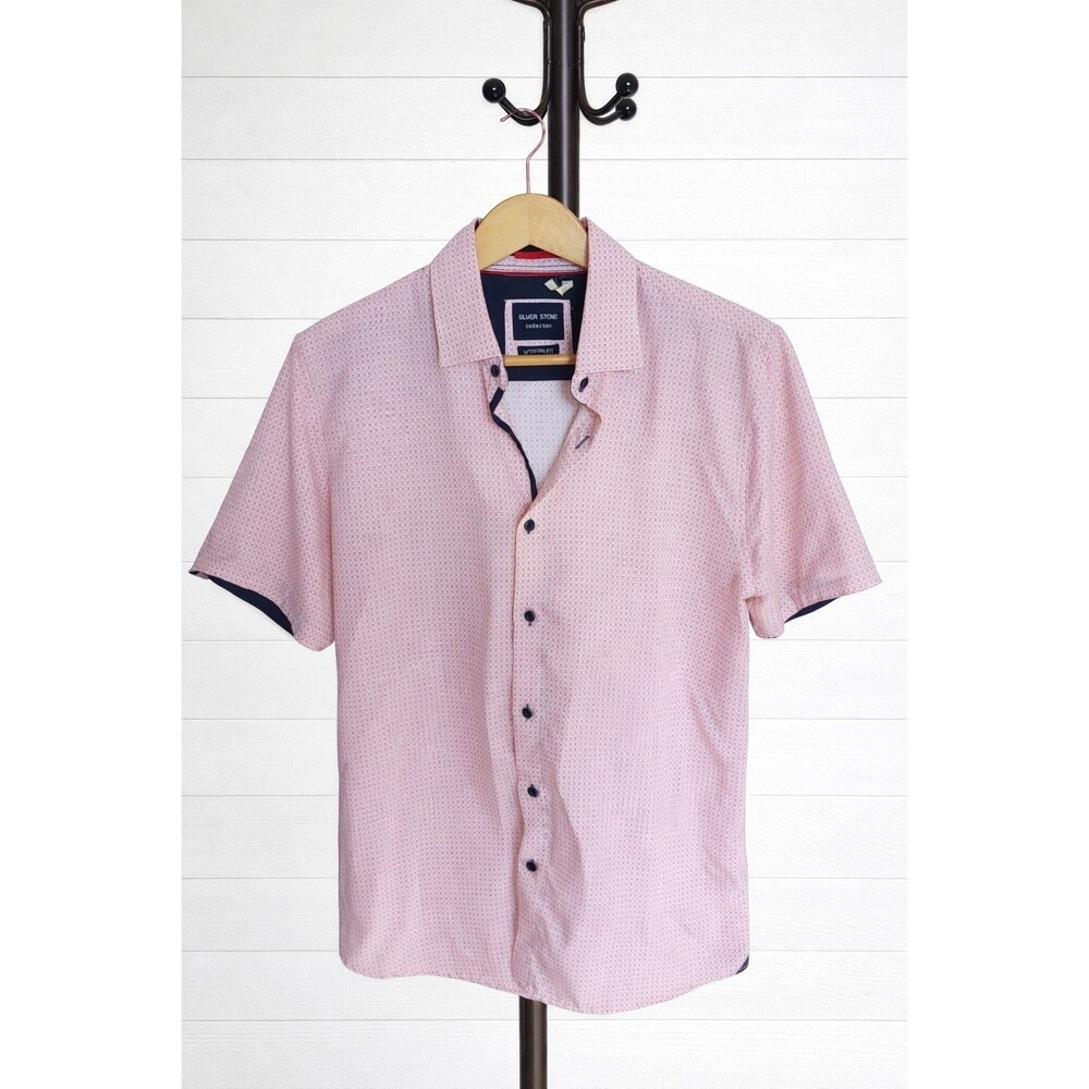 Silver Stone Shirt Mens Button Up Short Sleeve Pink and Navy Blue Size L